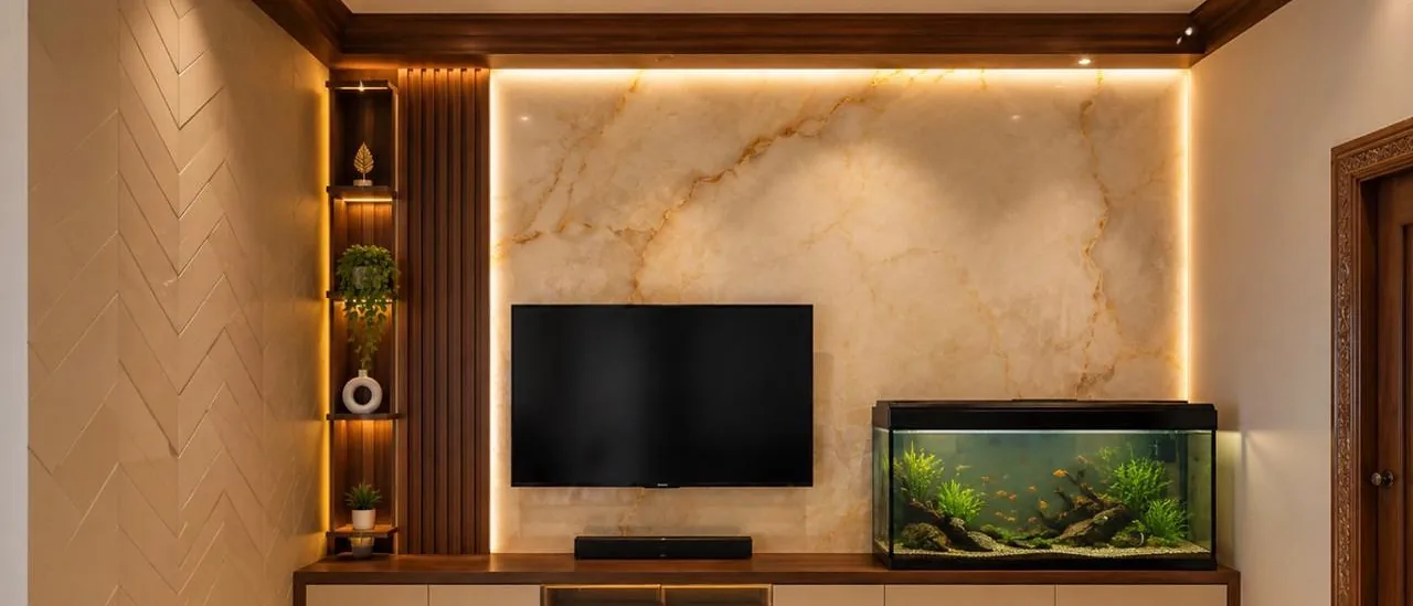 Completed living room interior: backlit marble television wall, timber fluting, fitted joinery and a built-in aquarium