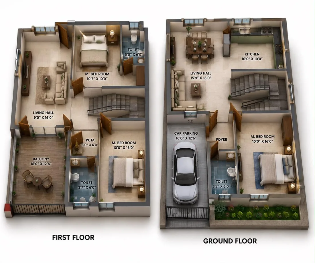Three-dimensional floor plans for the ground and first floor, with room names and dimensions